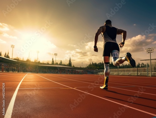 disabled man athlete running on stadium track at sunset. created with Generative AI