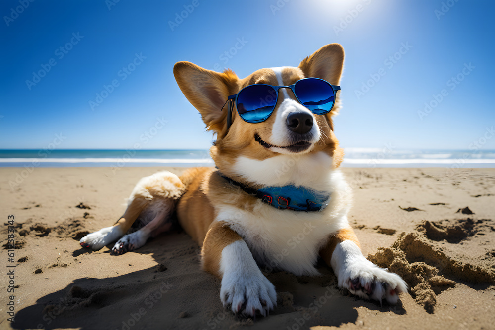 Lazy Dog Wearing Sunglasses And Chilling On A Beach