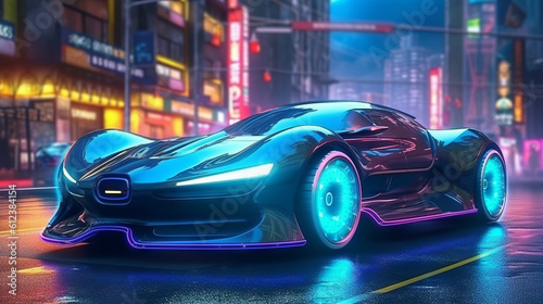 Dark Blue Future Electric Sport Car concept with some Blue and Purple Lights without any brand inside a Night City - AI Generated © ShkYo30