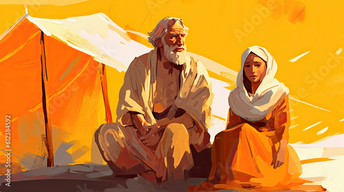 Tableau sur toile Colorful painting art portrait of Abraham and his wife Sarah sitting in front of their tent