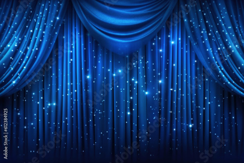 Blue Stage Theater Curtain with Spotlights and Sparkles. AI generative.