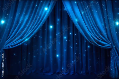 Blue Stage Theater Curtain with Sparkles. AI generative.
