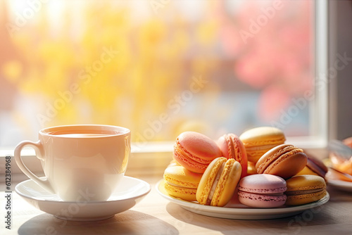 Colorful Macaroons Dessert on White Plate and Herbal Tea Against Blurred Window. AI generative.