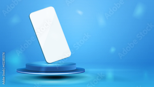 White smartphone on blue podium in blue abstract scene. Smartphone mockup in blue pastel colored of scene