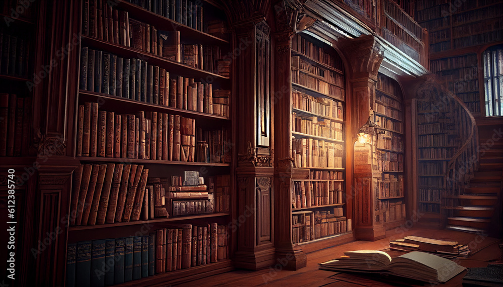 Old library or bookshop with many books on shelves, photo realistic Ai generated image