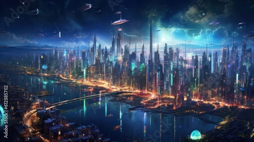 Sprawling megacity skyline at night  with towering skyscrapers  holographic billboards  and an intricate network of flying vehicles