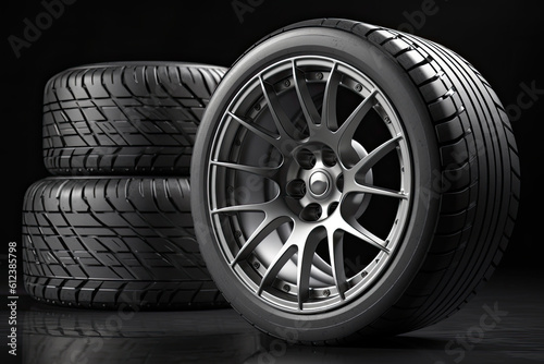 A set of car tires and rims on a black background. Generative ai.