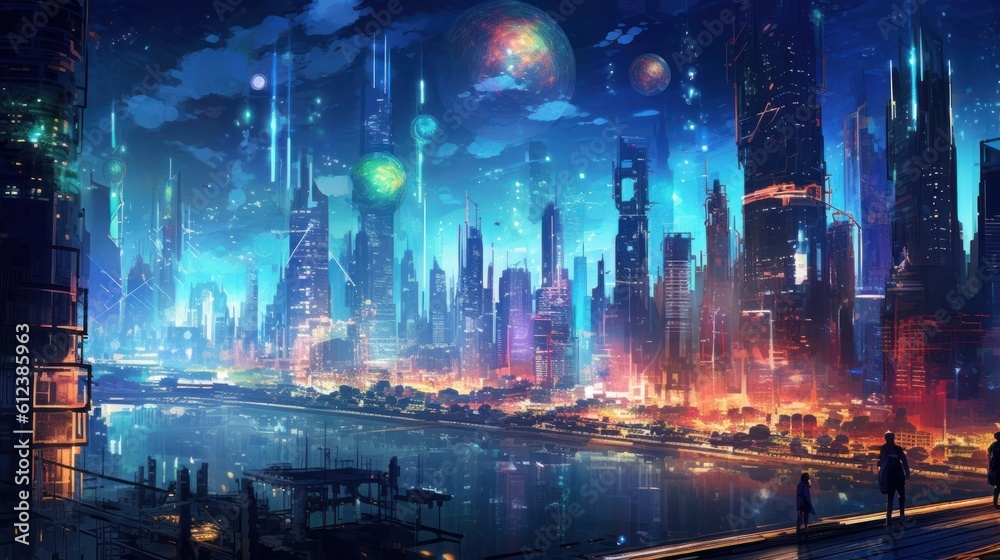 Sprawling megacity skyline at night, with towering skyscrapers, holographic billboards, and an intricate network of flying vehicles Sprawling megacity skyline at night, with towering skyscrapers, holographic billboards, and an intricate network of flying vehicles