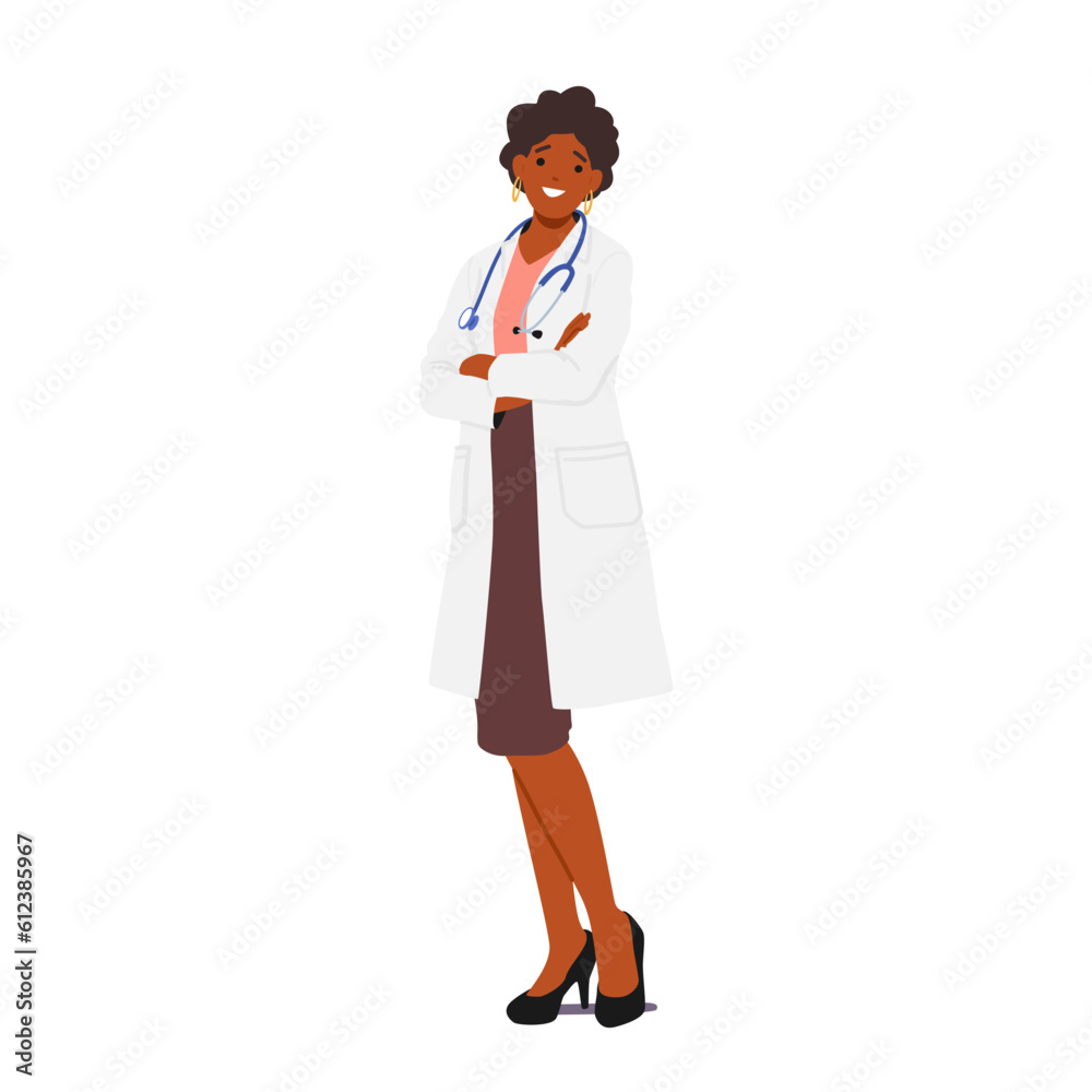 Confident And Professional Female Doctor Character with Stethoscope, Standing With Crossed Arms and Smile Confident And Professional Female Doctor Character with Stethoscope, Standing With Crossed Arms and Smile