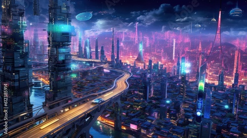 Sprawling megacity skyline at night, with towering skyscrapers, holographic billboards, and an intricate network of flying vehicles