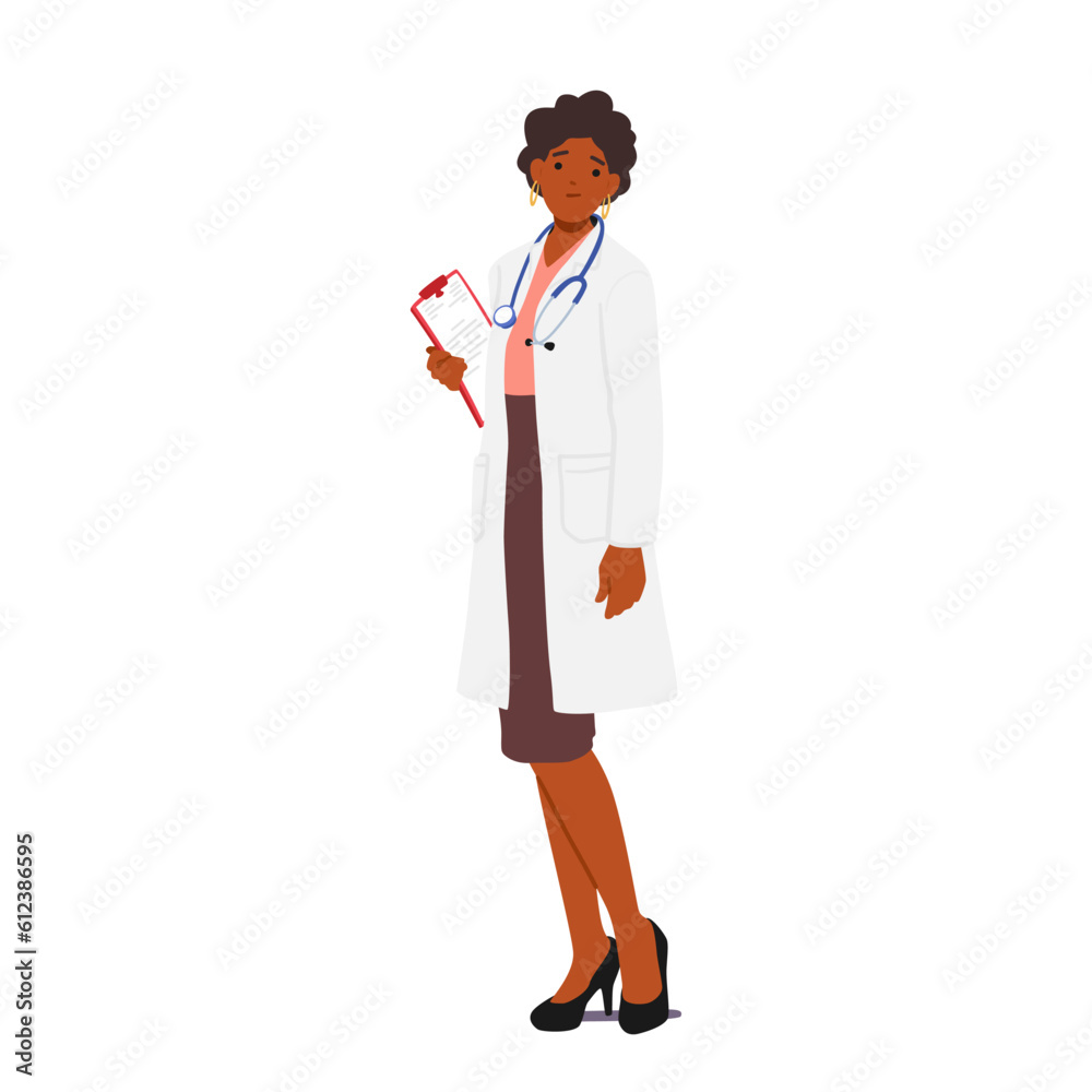 Confident Female Doctor Character Standing With Clipboard, Providing Professional Medical Care, Vector Illustration Confident Female Doctor Character Standing With Clipboard, Providing Professional Medical Care, Vector Illustration