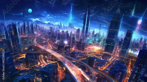 Sprawling megacity skyline at night, with towering skyscrapers, holographic billboards, and an intricate network of flying vehicles