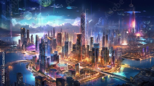 Sprawling megacity skyline at night, with towering skyscrapers, holographic billboards, and an intricate network of flying vehicles © Damian Sobczyk