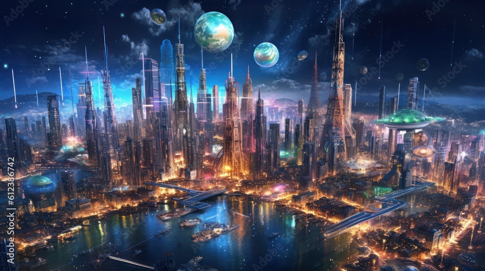 Sprawling megacity skyline at night, with towering skyscrapers, holographic billboards, and an intricate network of flying vehicles