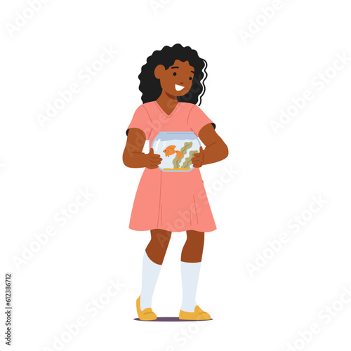African American Child Girl Character Happily Holds Pet Fish, Creating A Bond Of Friendship And Responsibility