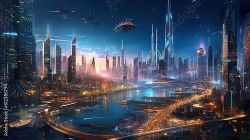 Sprawling megacity skyline at night  with towering skyscrapers  holographic billboards  and an intricate network of flying vehicles
