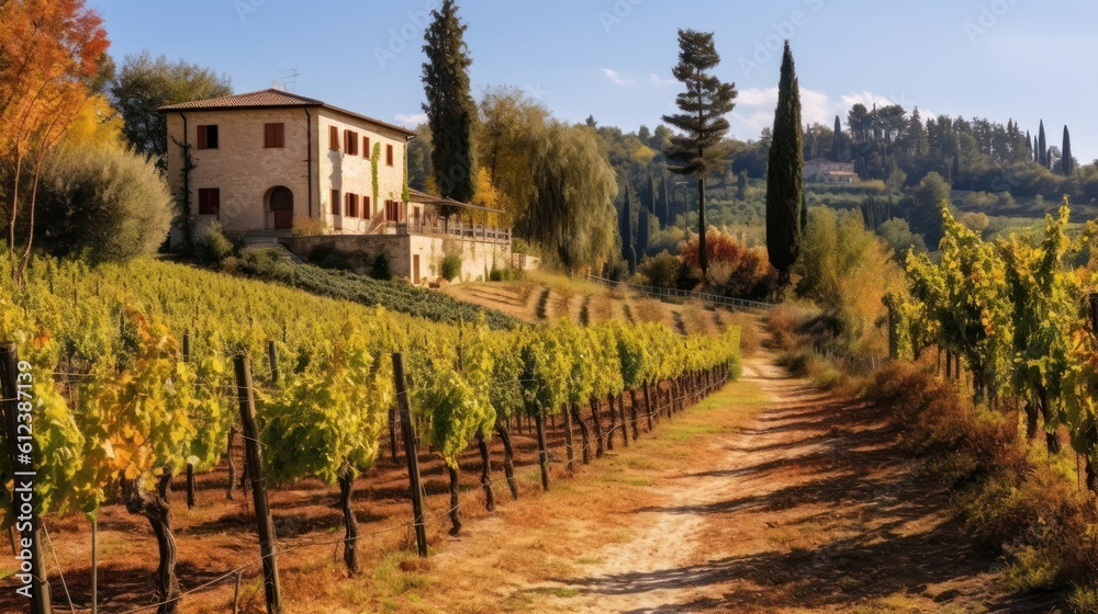 Sprawling villa surrounded by vineyards in the heart of the wine regions such as Chianti or Valpolicella, with wine cellars, terraces, and outdoor dining areas