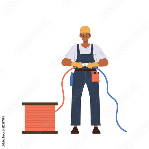 Man electrician character holding two cords connecting cables to start electrical equipment