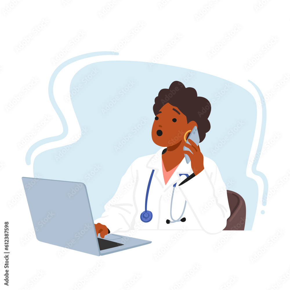 Busy Female Doctor Character Multitasking, Working On A Laptop While Handling A Phone Call. Efficiently Managing Records Busy Female Doctor Character Multitasking, Working On A Laptop While Handling A Phone Call. Efficiently Managing Records