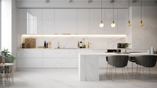 Modern spacious minimalist white kitchen with dining area. White marble floors  white glossy fasades  white marble dining table with comfortable grey chairs. 3D rendering. Generative AI