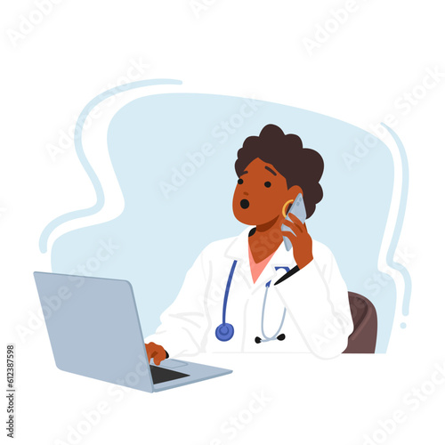 Busy Female Doctor Character Multitasking, Working On A Laptop While Handling A Phone Call. Efficiently Managing Records