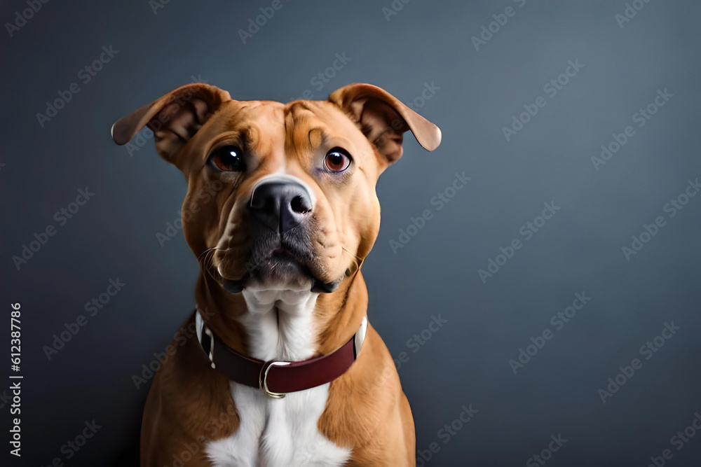 Staffordshire Bull Terrier on gray background