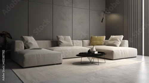 Modern minimalist monochrome living room. Grey wall  large corner sofa  light grey carpet  black round coffee table  wall lamp  large window with grey curtain. Mockup  3D rendering. Generative AI