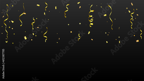 Many Falling Golden Confetti With Ribbon Falling On Black Background. Celebration Event And Party Wallpaper. Vector