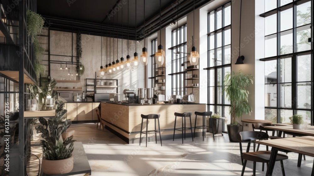 Loft style modern coffee shop interior. Gray concrete walls and floors, wooden tables and chairs, open shelves, pendant lights and green plants, huge windows. Hipster lifestyle concept. Generative AI