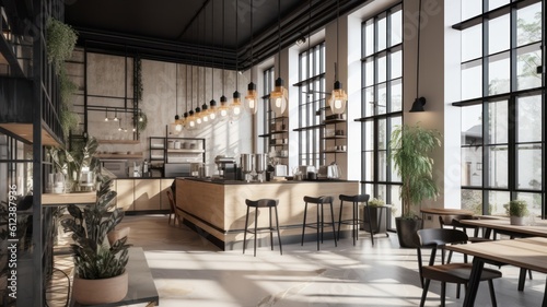 Loft style modern coffee shop interior. Gray concrete walls and floors  wooden tables and chairs  open shelves  pendant lights and green plants  huge windows. Hipster lifestyle concept. Generative AI