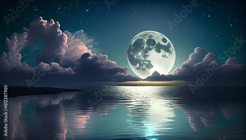 Romantic Moon With Clouds And Starry Sky Over Sparkling Blue Water Ai generated image photo