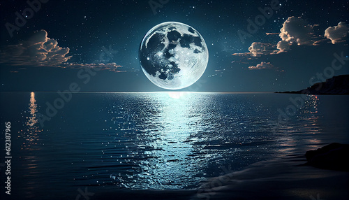 Romantic Moon With Clouds And Starry Sky Over Sparkling Blue Water Ai generated image