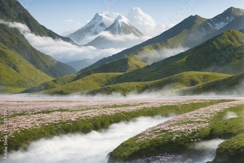 Misty meadow in the mountains. Generative AI.