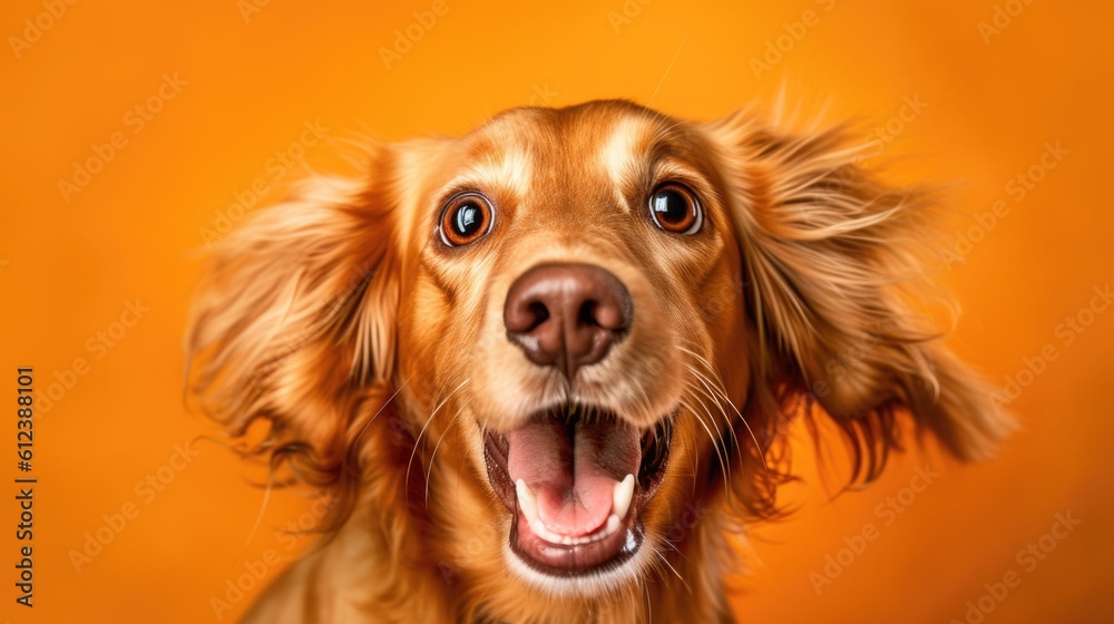 portrait of shocked dog, unexpected gift, surprise, discounts, copy space for text, plain background. generated ai.