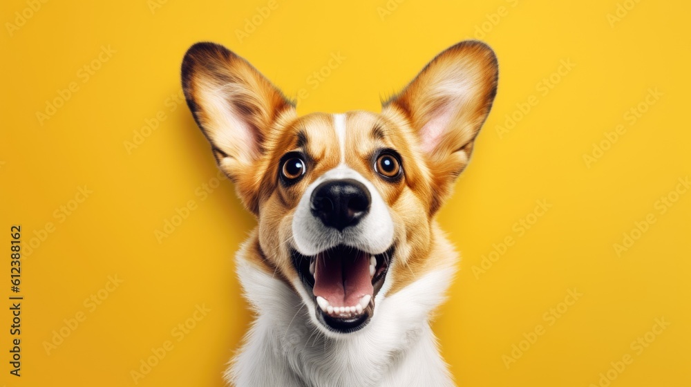 portrait of shocked dog, unexpected gift, surprise, discounts, copy space for text, background. generated ai.