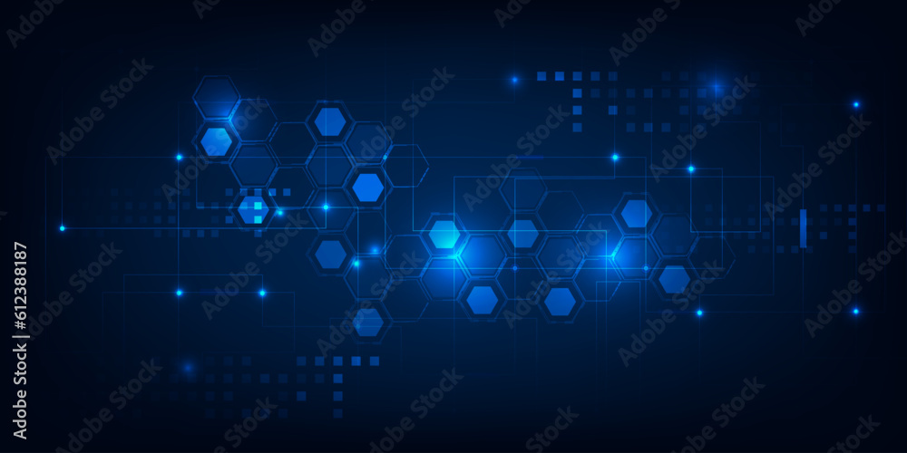Vector illustrations of abstract dark blue futuristic horizontal space with hi tech element.Digital communication innovations and technology concepts.