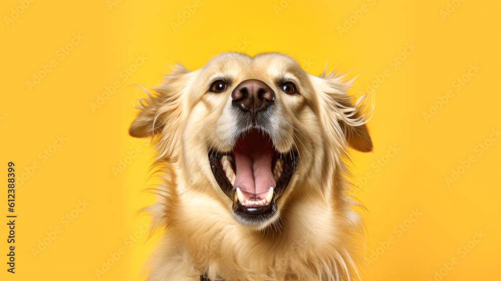 portrait of shocked retriever dog, unexpected gift, surprise, discounts, copy space for text, plain background. generated ai.