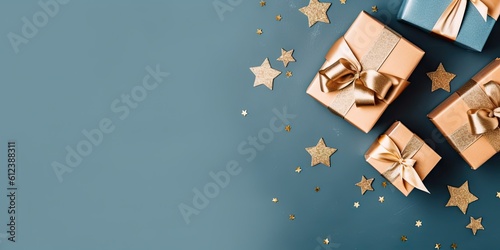 Festive Delight. Blue Background with Decorative Gift Box and Ribbon for the Holiday Season Christmas
