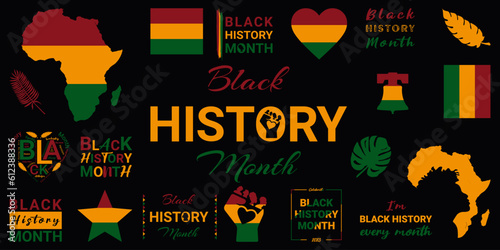 Vector illustration set icon, logo, banner, background.Black History Month and African American History. Celebrated annual in October in Great Britain, in February in United States and Canada.