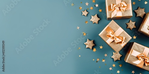 Festive Delight. Blue Background with Decorative Gift Box and Ribbon for the Holiday Season Christmas