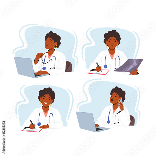 Female Doctor Character With Laptop, Utilizing Technology To Enhance Patient Care, Improve Efficiency