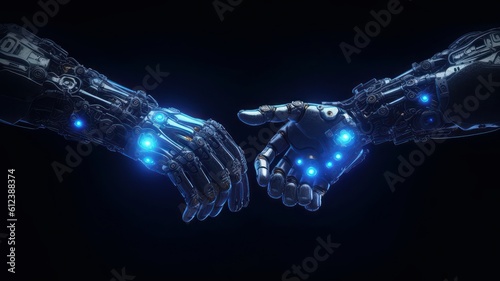 Handshake of two cyborgs, two metal anthropomorphic hands reaching out to each other. Futuristic digital age, robotics, digital technologies, scientific and technological progress. Black Generative AI