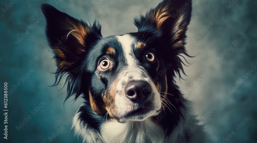 portrait of shocked Sad dog, unexpected gift, surprise, discounts, copy space for text, plain background. generated ai.