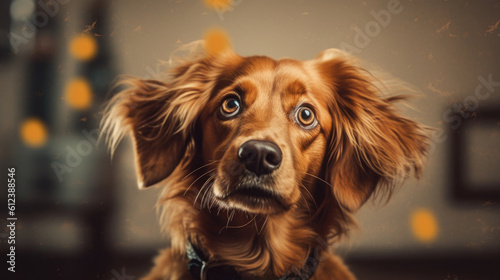 portrait of unpleasantly shocked dog, unexpected gift, surprise, discounts, copy space for text, plain background. generated ai.