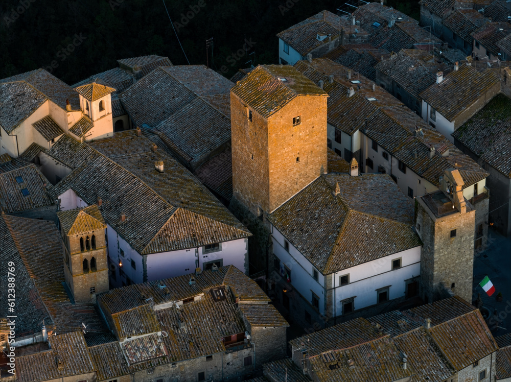View from above, stunning aerial view of the village of Vitorchiano at sunset. Vitorchiano is a medieval Italian village in Viterbo Province, Lazio, Italy..