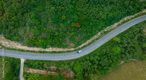 Aerial view of road going through a forest, Road through the green forest, Aerial top view car in the forest