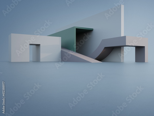 Geometric shapes structure on gray concrete floor. Abstract architecture design 3d illustration.