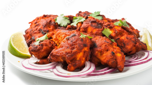 Close up shot of a tandoori chicken on a plate with garnishments