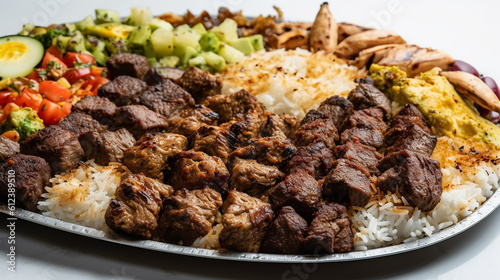 Close up shot of a platter of kebabs against a white background