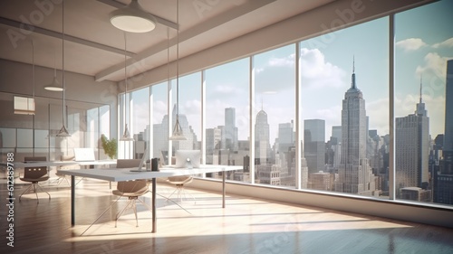 Modern hi-tech open space office with floor-to-ceiling windows and city view. Wooden floor, large tables, comfortable chairs, plants in floor tubs. Beautiful morning lighting. Generative AI
